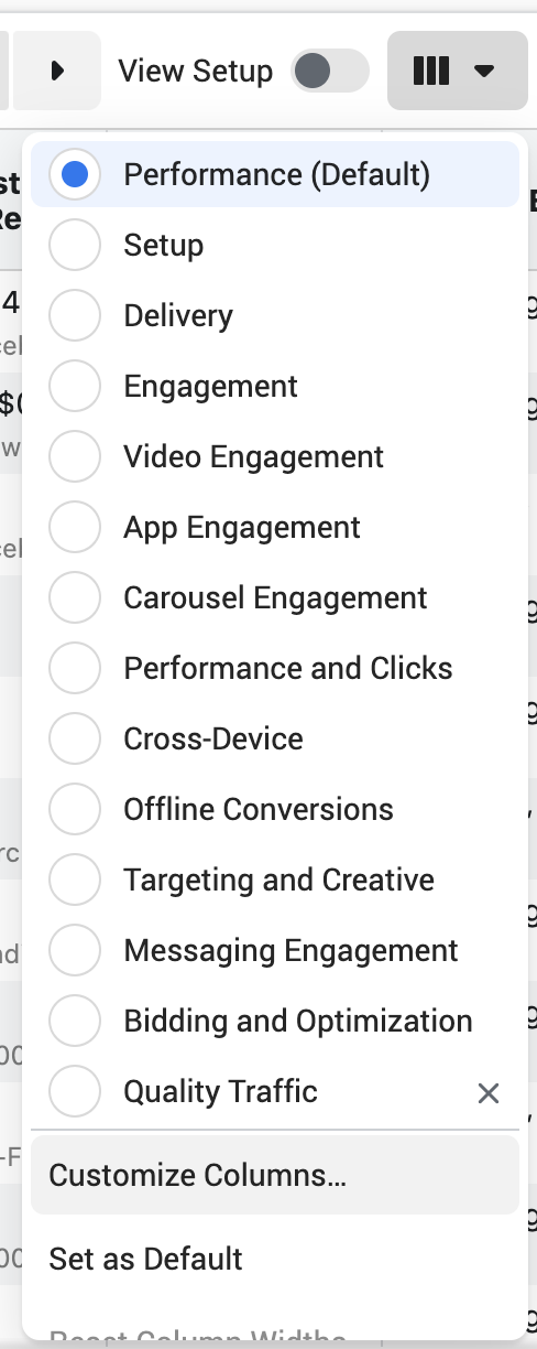 Facebook Ads Customize Columns
