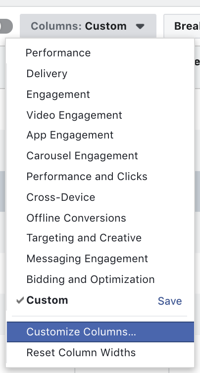 Facebook Ads Customize Columns